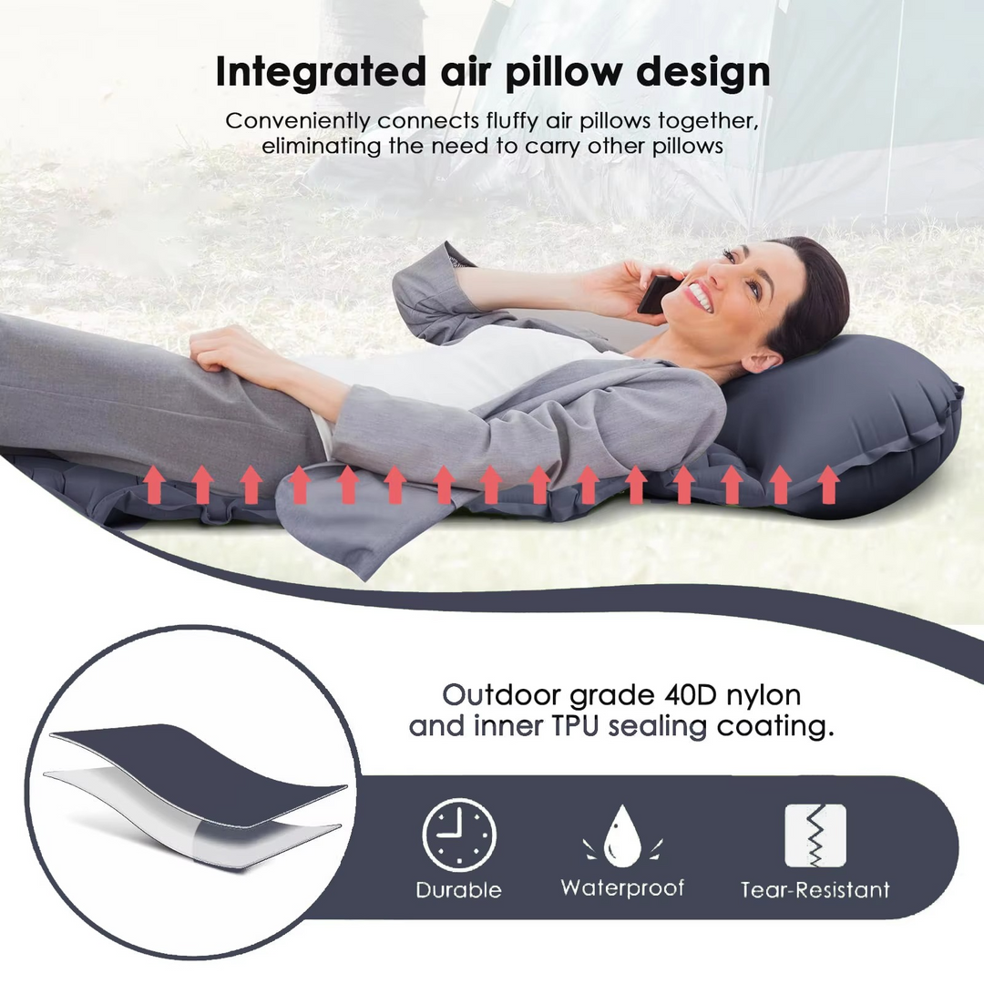 Ultra-comfort oppblåsbar campingmadrass med integrert pute og pumpe Luvikno