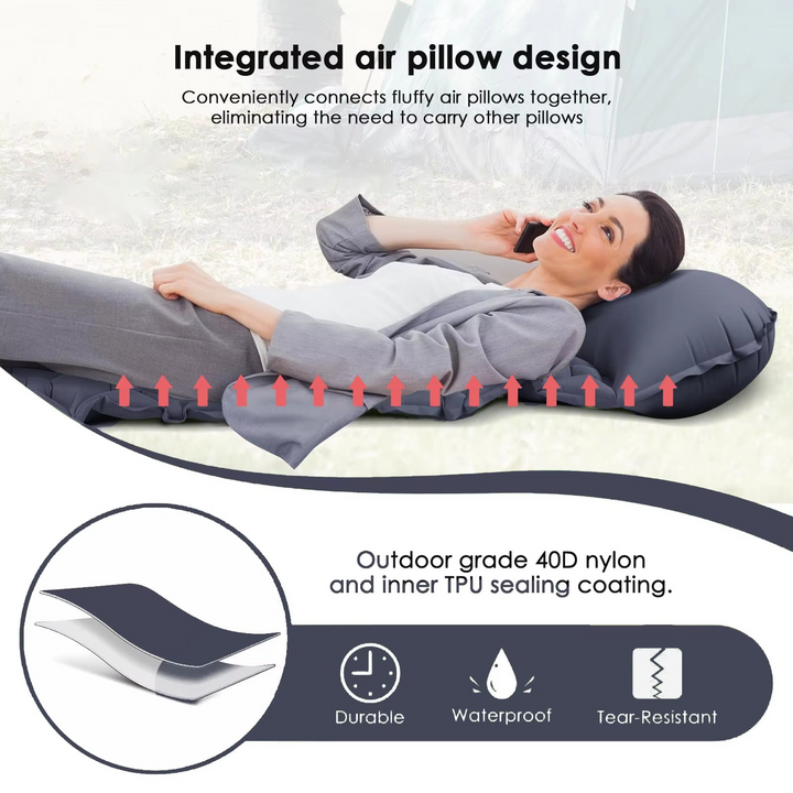 Ultra-comfort oppblåsbar campingmadrass med integrert pute og pumpe Luvikno