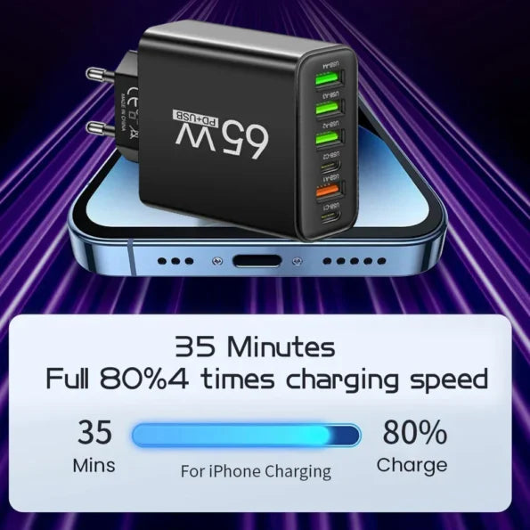 Luvikno | PowerMax 65W 6-i-1 Hurtiglader – Lader opptil 6 enheter samtidig – Ideell for hjem, kontor og reise