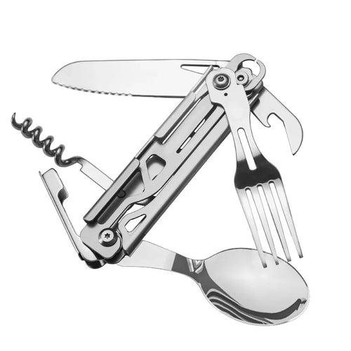 Luvikno | GearSpork Utendørs bestikk 6-i-1 | Sammenleggbart multifunksjonelt bestikk laget av rustfritt stål | Kniv, gaffel, skje, boksåpner & flaskeåpner | For camping & trekking