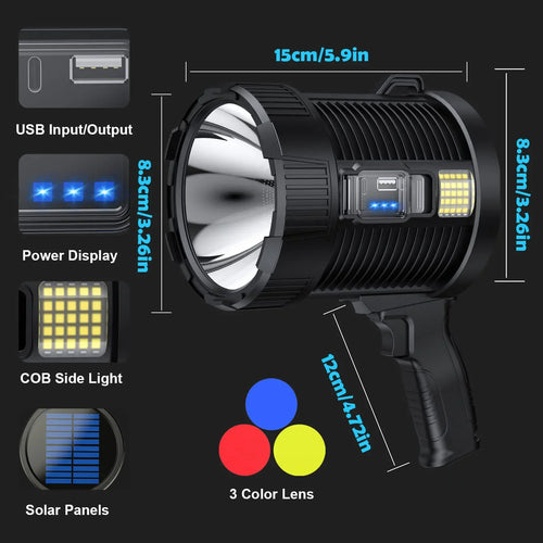 Luvikno | Spotlight LuminexPro 900K | 900,000 Lumen | 10,000 mAh Batteri | Sol- og USB-lading | IPX5 Vanntett