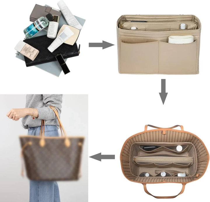 Luvikno | TaschenLuxe Organizer Inlay | Filtinnsats med glidelås | 15 lommer & nøkkelstropp | For håndvesker & shoppingposer