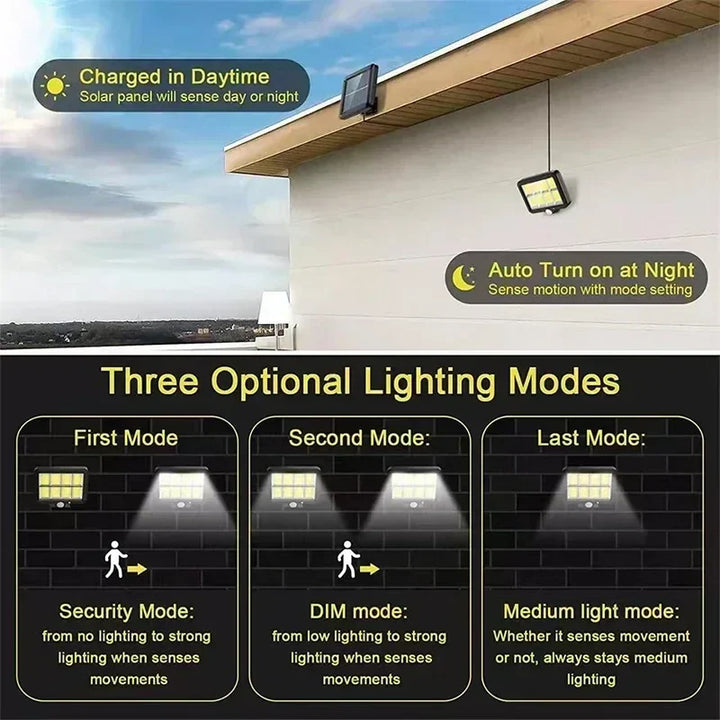 Luvikno | LuminaX Solar | 100 COB LED Sollys | IP65 | Bevegelsessensor & 3 Moduser | Trådløs Utendørsbelysning