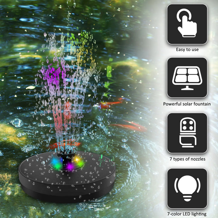 Luvikno | AquaLume Solar Spring | 3W Solfontene med LED Fargevalg | Opptil 60 cm Fontenehøyde | 7 Munstykkevedlegg