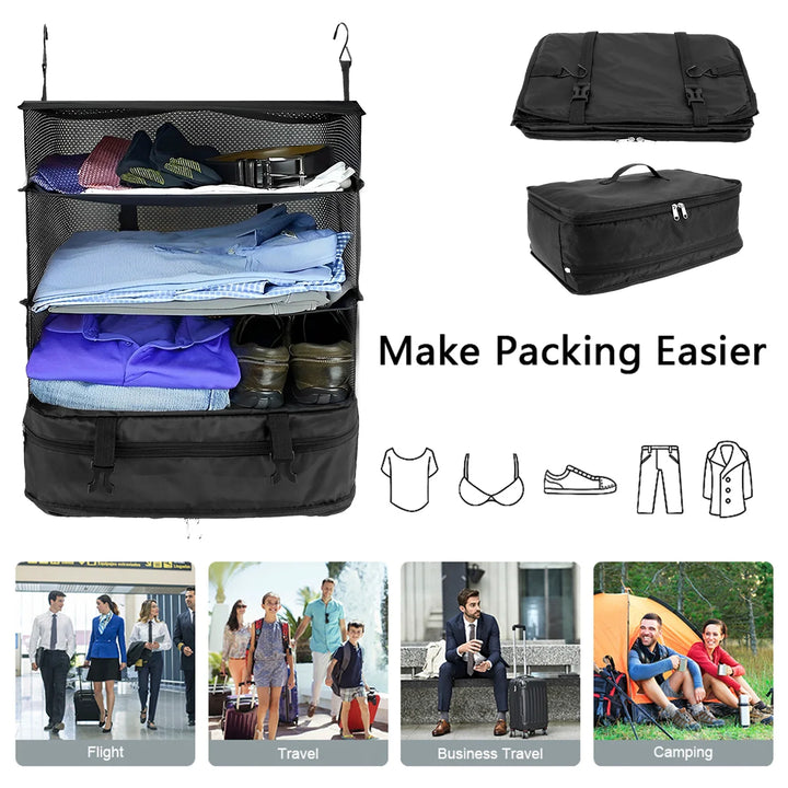 Luvikno | Packelier Koffert Organizer | Hengende Hylle for Reising | 3 Rom | Sammenleggbar & Vannavvisende | Svart
