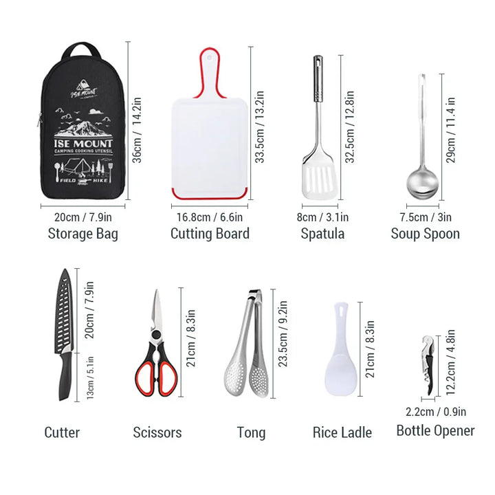 Luvikno | TerraChef AdventureKit Camping Kjøkkensett 9-delt | Inkl. oppbevaringspose | Rustfritt stål utendørs matlagingsutstyr | For camping, fotturer og grilling