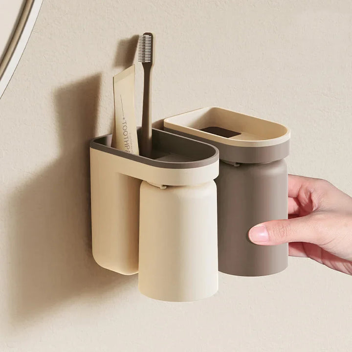 DuoClean 2-i-1 Veggmontert for Tannbørste og Kopp – Smart Lagring Uten Boring Luvikno