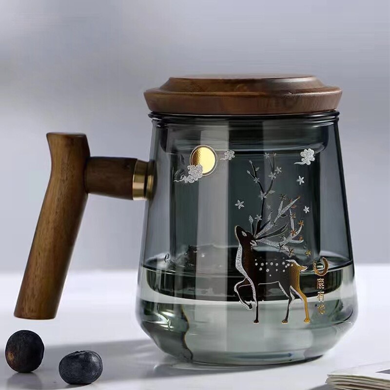 Premium Glass Tea Cup with Filter and Wooden Handle, 470ml | Luvikno