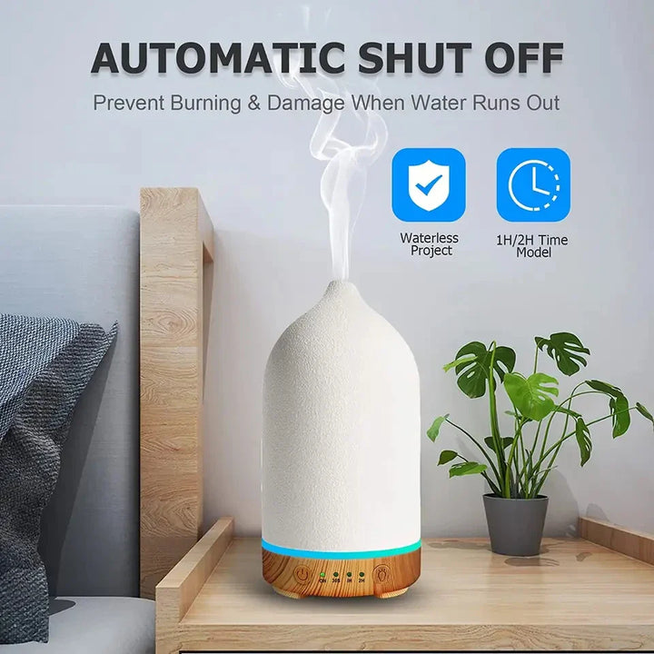 Aromisca Keramisk Aroma Diffuser | 100 ml Ultralyd Luftfukter | 7 LED Farger & Timer | Håndlaget Design | EU Støpsel Luvikno