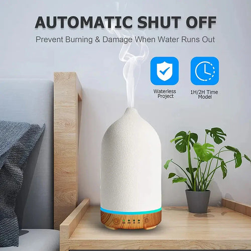 Aromisca Keramisk Aroma Diffuser | 100 ml Ultralyd Luftfukter | 7 LED Farger & Timer | Håndlaget Design | EU Støpsel Luvikno