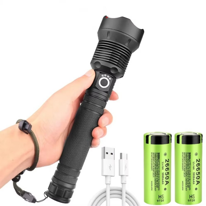 Høy-effekt LED taktisk lommelykt, USB oppladbar, zoombar lysstråle, 5 lysmodus, vanntett, passer 26650 batteri Luvikno