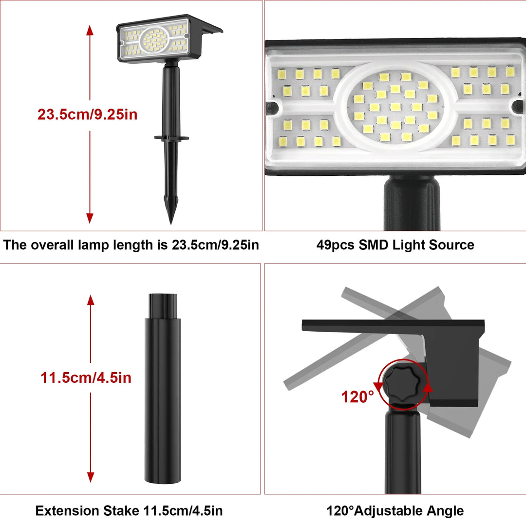 Luvikno | Solara LED Solarspotlight | 4 Lyskilder | 49 LED-er | IP65 Vanntett | Energisparende med Solcellepanel