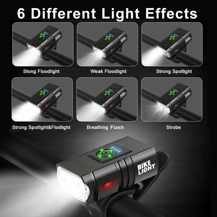 Luvikno | USB Oppladbart Sykkellyktsett - 1500 Lumen LED Hovedlys og Baklys med 6 Moduser for Sikker Nattsykling