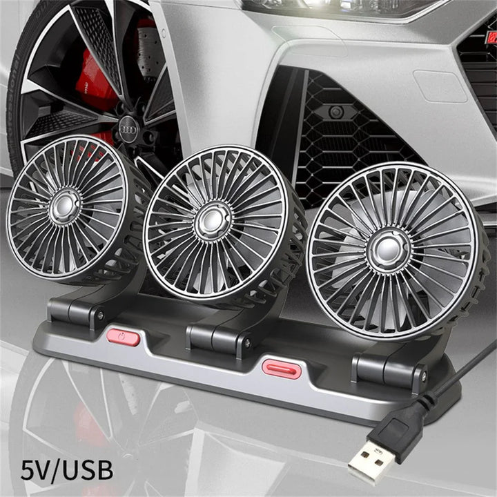 360° Justerbar Bilvifte - 3-Hodet Automotiv Elektrisk Vifte - USB/12V/24V - 2 Hastigheter - Stille Kjøling for Hjem, Skrivebord, Kontor & Bil | Luvikno