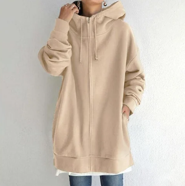 Khaki Winter-Kapuzenpullover mit Reißverschluss