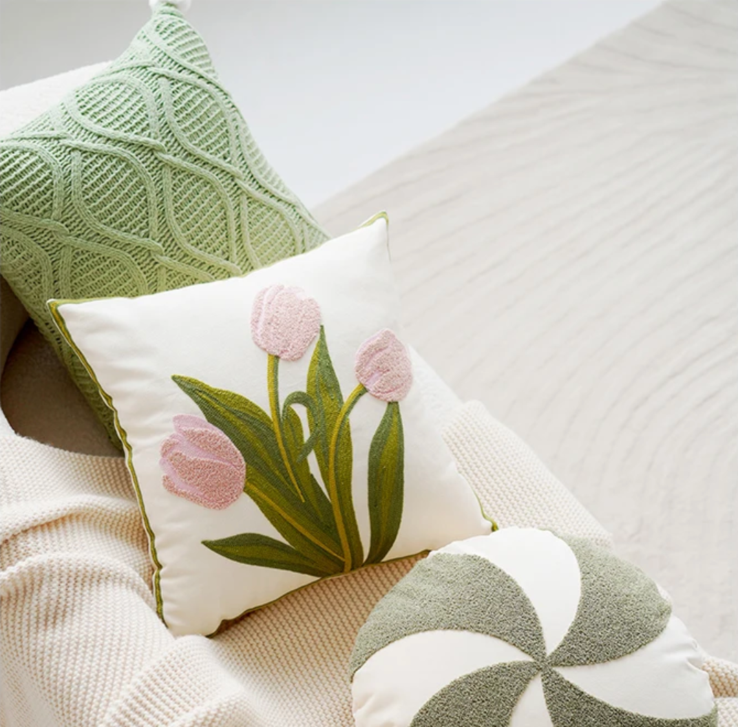 Grønn & Rosa Tulipan Broderi Putetrekk | Luvikno