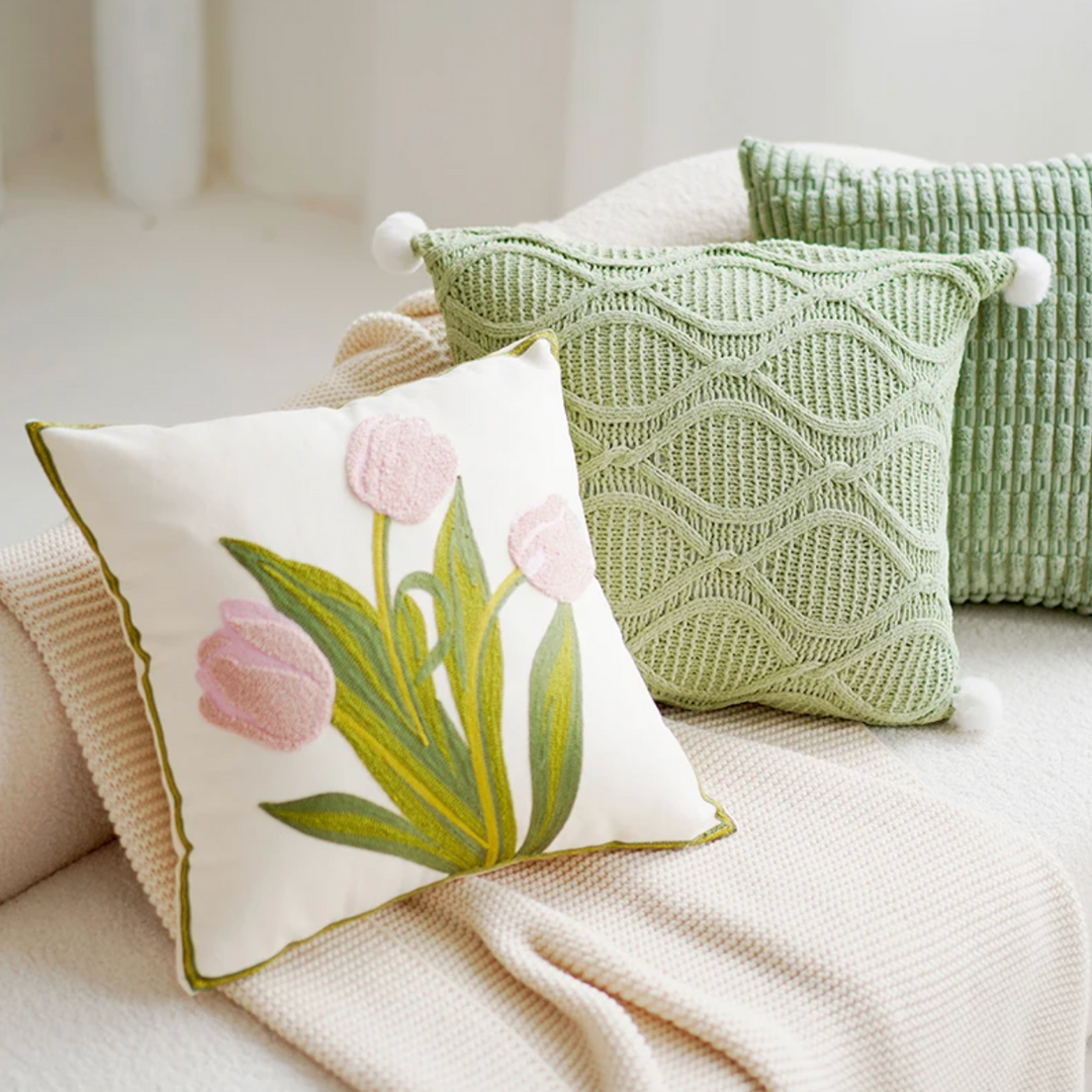 Grønn & Rosa Tulipan Broderi Putetrekk | Luvikno