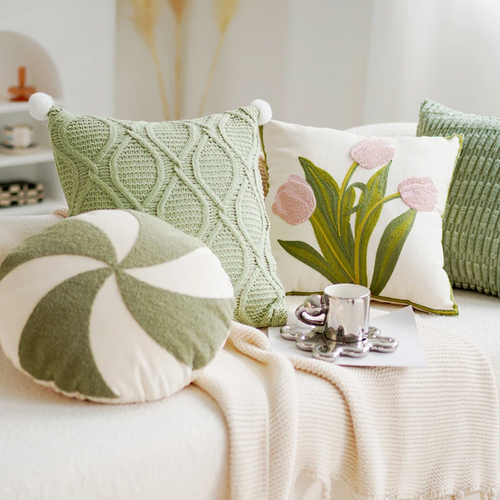 Grønn & Rosa Tulipan Broderi Putetrekk | Luvikno