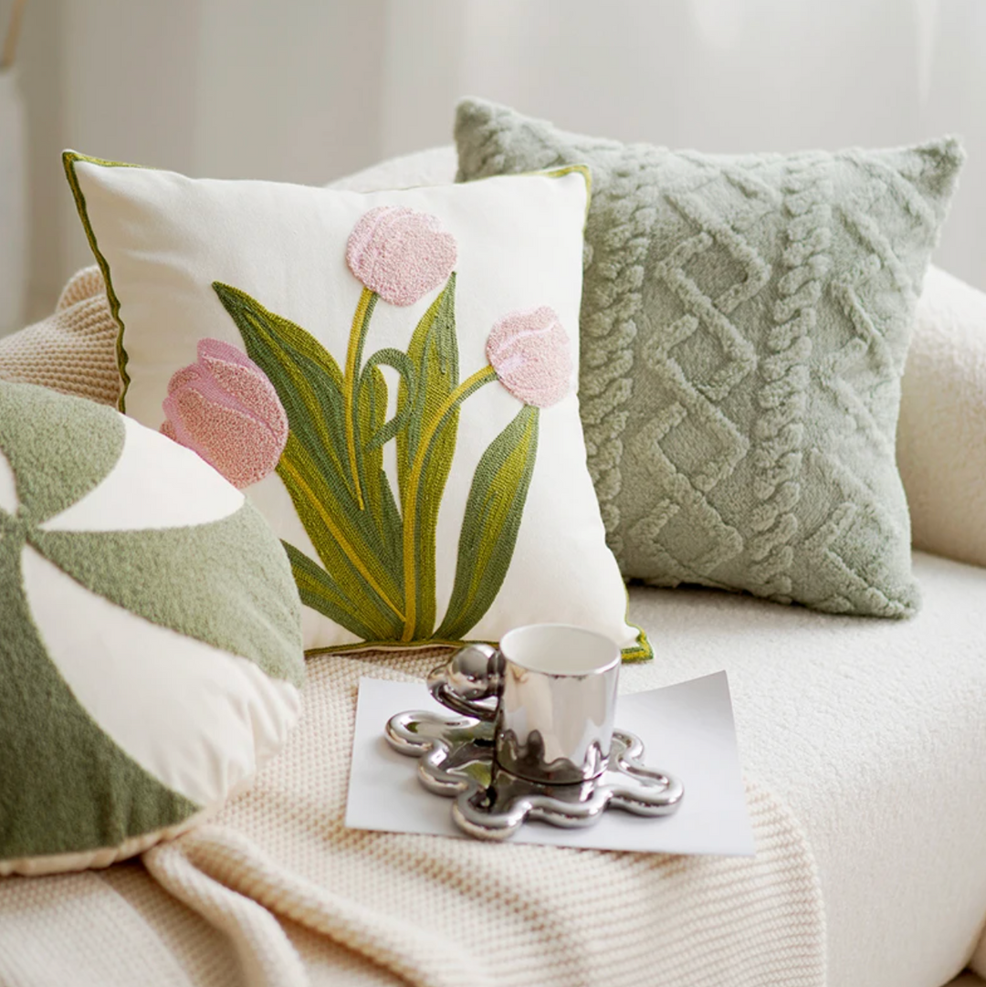 Grønn & Rosa Tulipan Broderi Putetrekk | Luvikno
