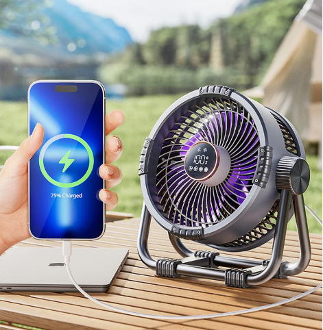 Riley 3-i-1 Campingvifte med LED og Powerbank – 20 000 mAh Utendørsvifte med krok og fjernkontroll | Luvikno