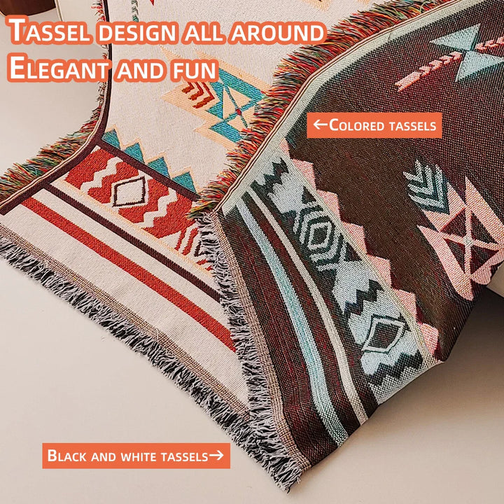AztecaLoom Boho Teppe | XXL Aztec Kaste med Frynser | Southwestern Etno Stil | Vintage Kaste Teppe laget av Bomullsblanding Luvikno