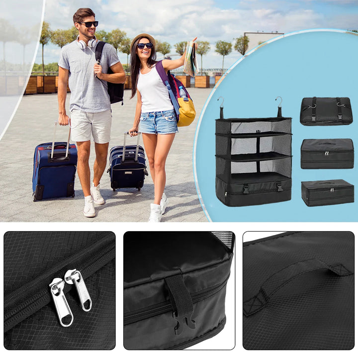 Luvikno | Packelier Koffert Organizer | Hengende Hylle for Reising | 3 Rom | Sammenleggbar & Vannavvisende | Svart