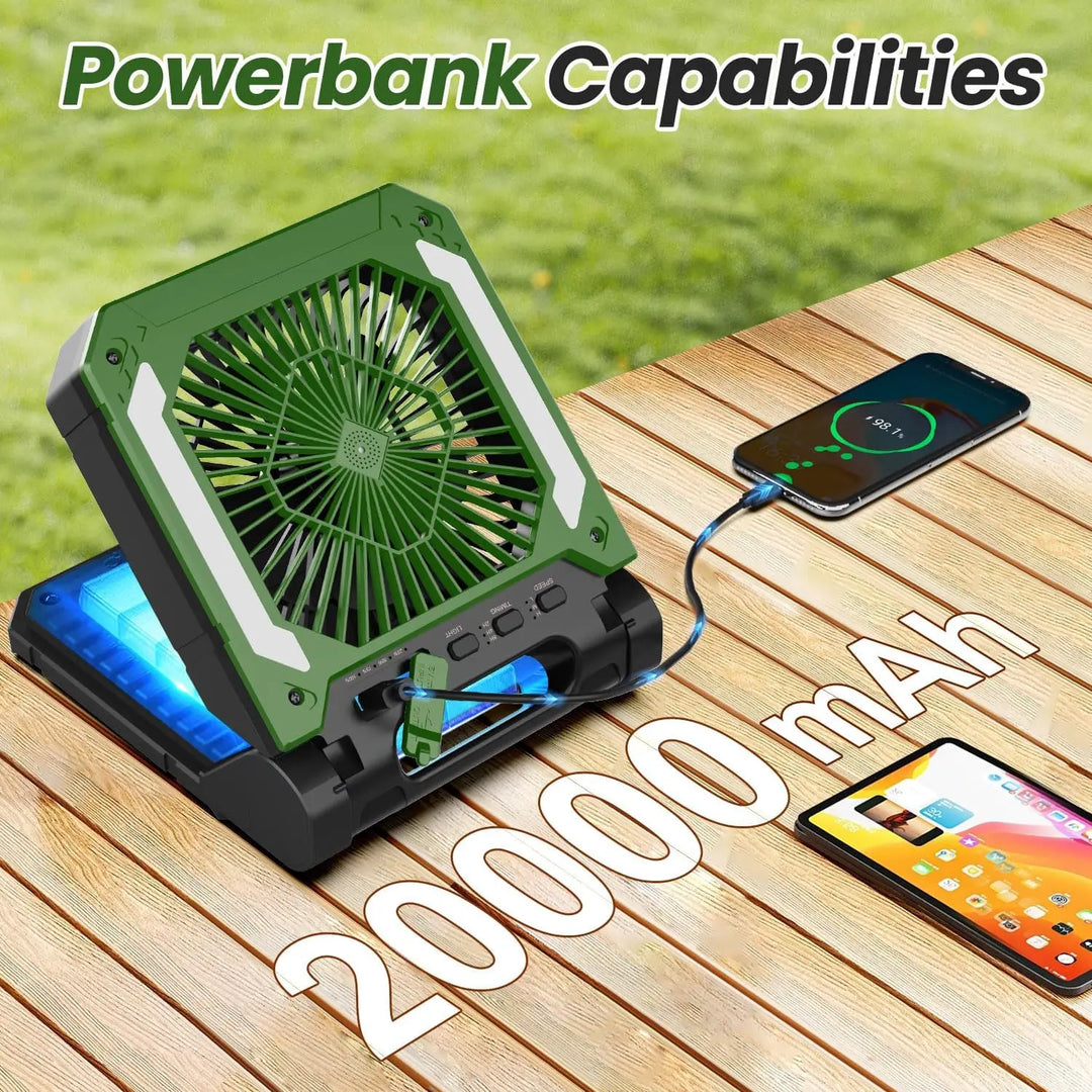 20000mAh Bærbar Elektrisk Vifte med LED Lys — USB, Sol & Bil Lading for Camping | Luvikno