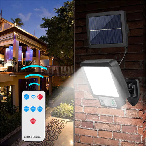 Luvikno | LumoVolt Sollys med bevegelsessensor | 72 COB LED-lamper | Fjernkontroll & 5 m solcellepanelkabel | 3 modi | IP65 værbestandig