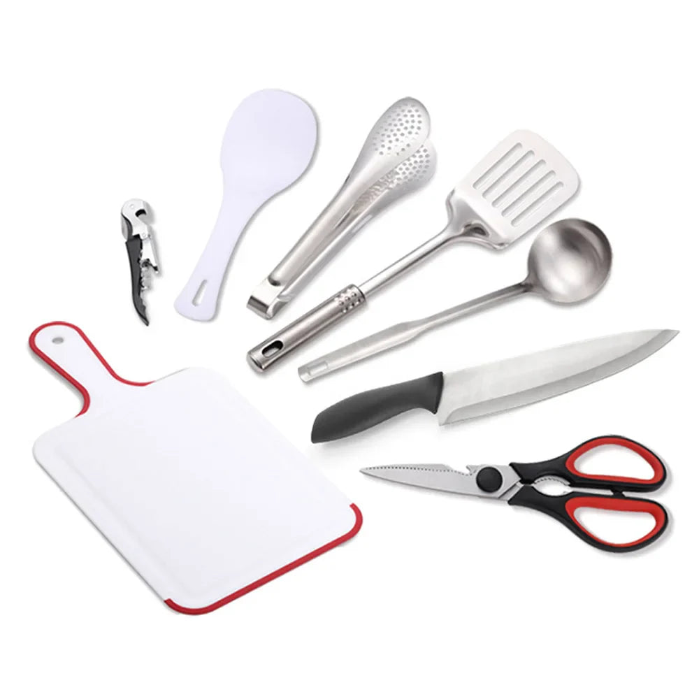 Luvikno | TerraChef AdventureKit Camping Kjøkkensett 9-delt | Inkl. oppbevaringspose | Rustfritt stål utendørs matlagingsutstyr | For camping, fotturer og grilling