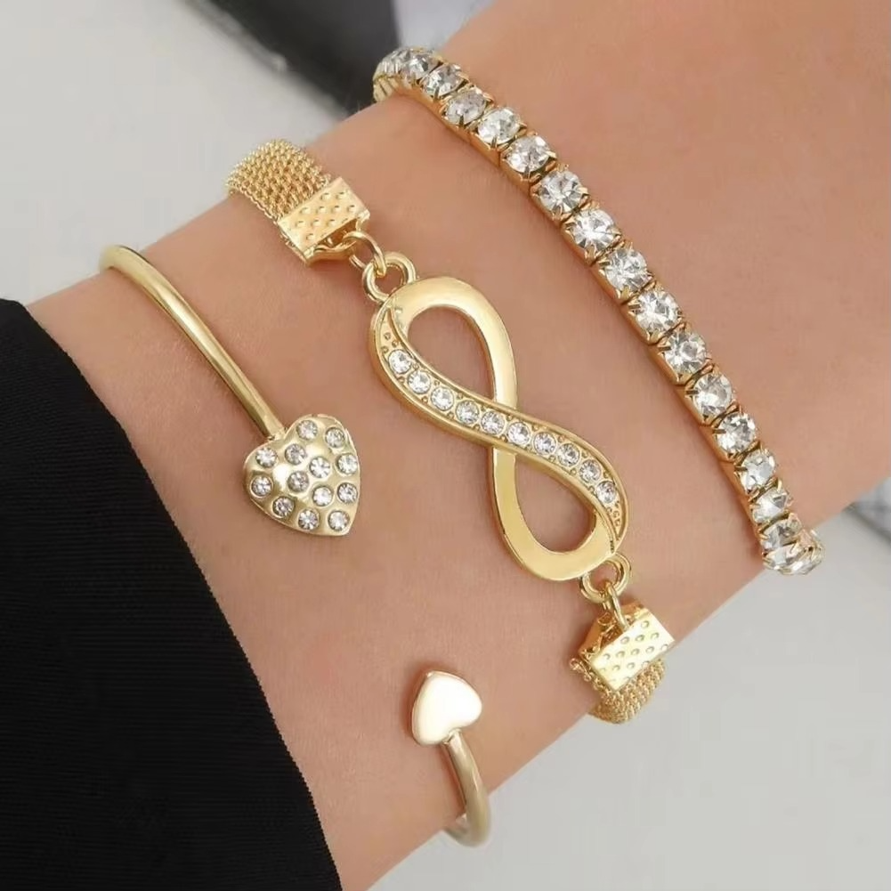 Elegant Rhinestone Heart & Infinite Bracelet Set for Women - 3 Pieces Luvikno