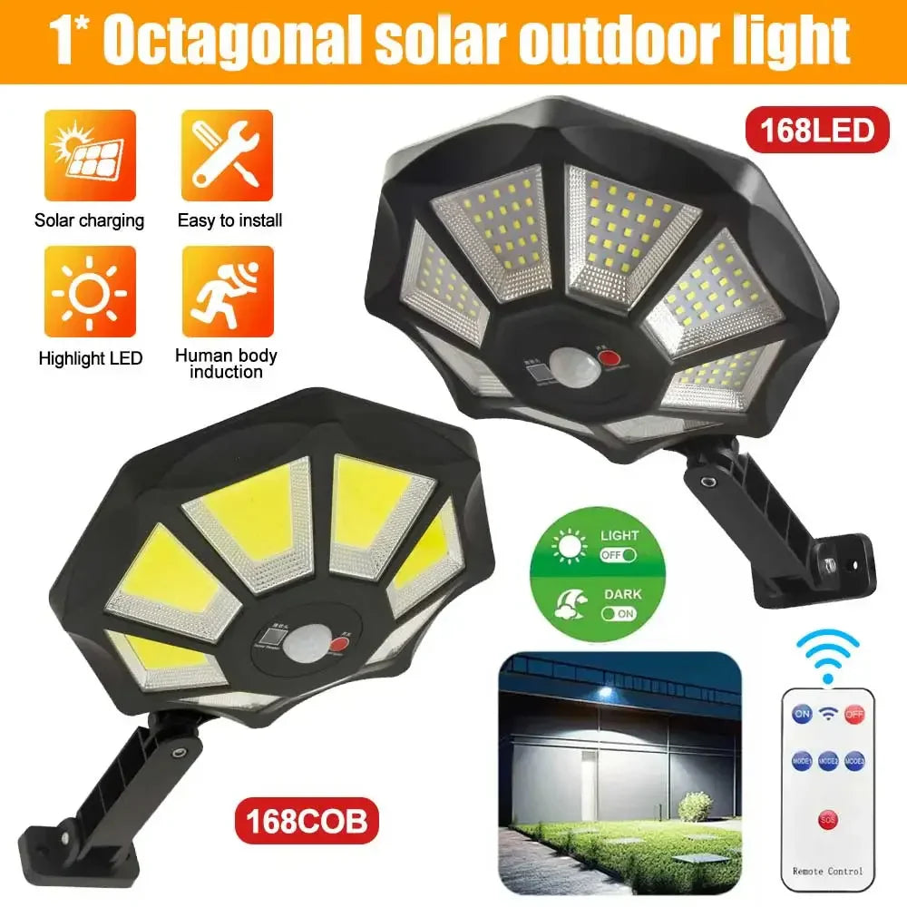 Luvikno | Solarkon OctaBeam | 168 LED Sollys | 360° Bredvinkel | IP65 | Med fjernkontroll og bevegelsessensor