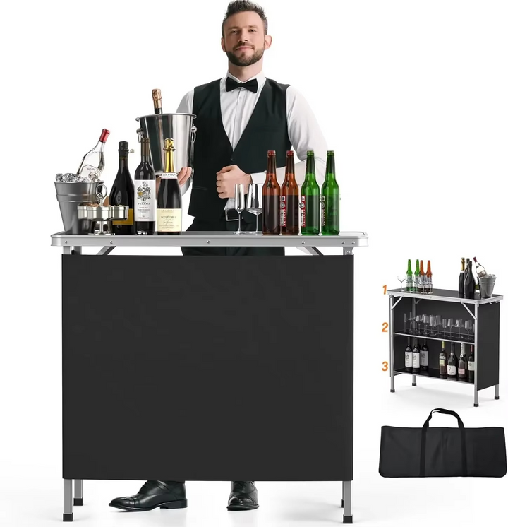 Bærbart 3-nivå sammenleggbart barbord med svart skjørt for arrangementer og innendørs bruk Luvikno