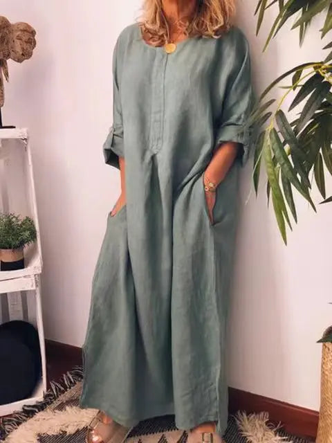 Luvik | Vintage Puuvilla Pellava Pitkä Mekko