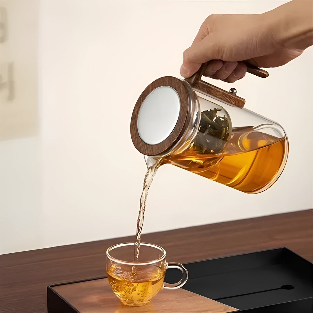 Glas tekanne med trebhandle – Én-klikks filter | Perfect for løs te & Puer | Luvikno
