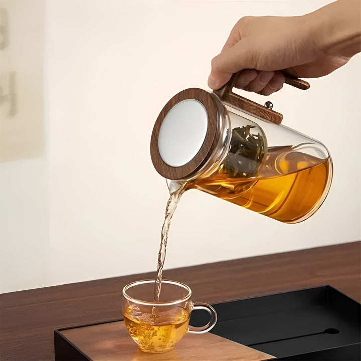Glas tekanne med trebhandle – Én-klikks filter | Perfect for løs te & Puer | Luvikno