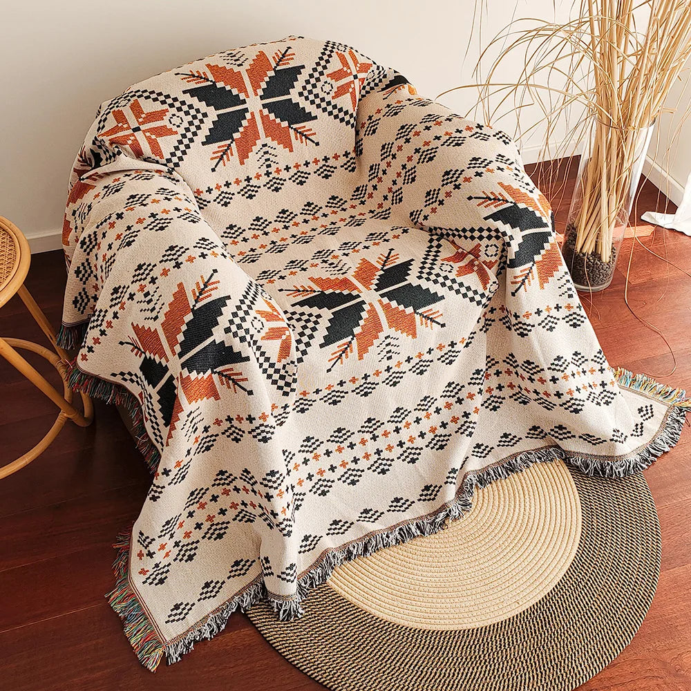 AztecaLoom Boho Teppe | XXL Aztec Kaste med Frynser | Southwestern Etno Stil | Vintage Kaste Teppe laget av Bomullsblanding Luvikno