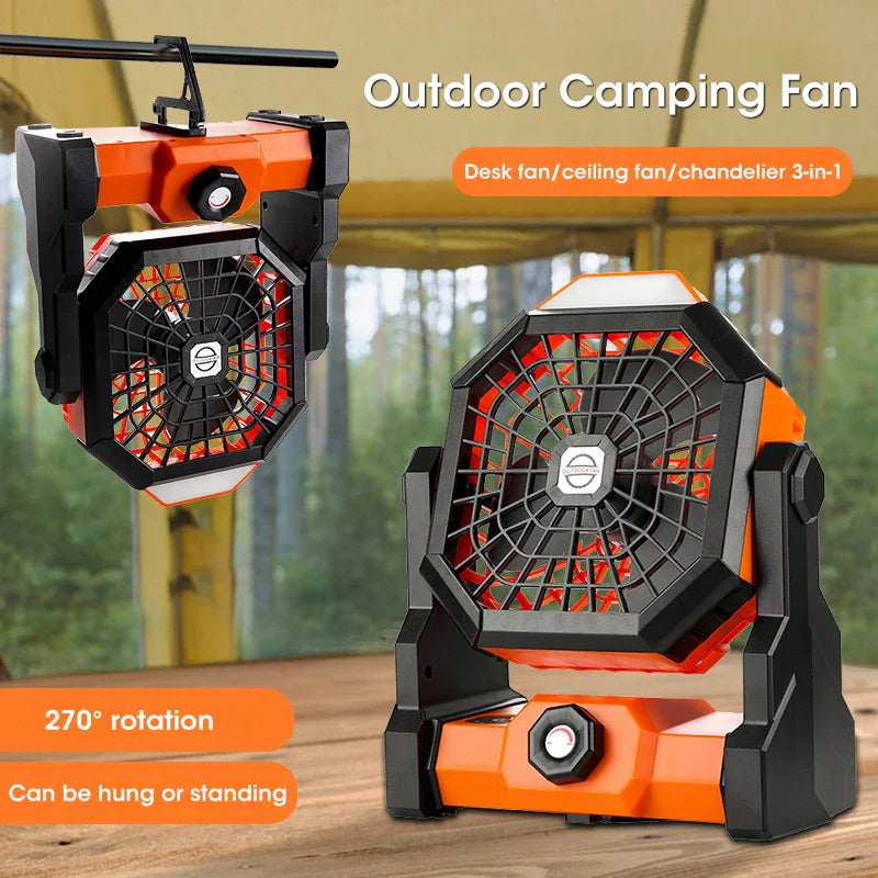 Luvikno | Campora BreezeLight | 2-i-1 Campingvifte med LED-lanterne | 7800 mAh batteri | 270° roterbar | USB-ladbar | For telt, utendørs og reise