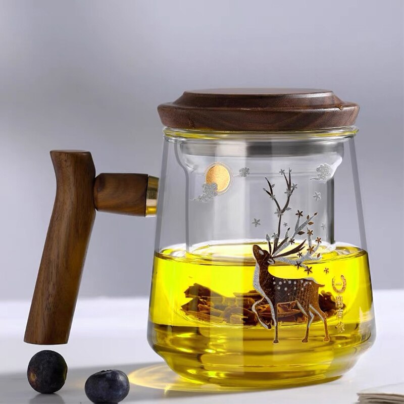 Premium Glass Tea Cup with Filter and Wooden Handle, 470ml | Luvikno