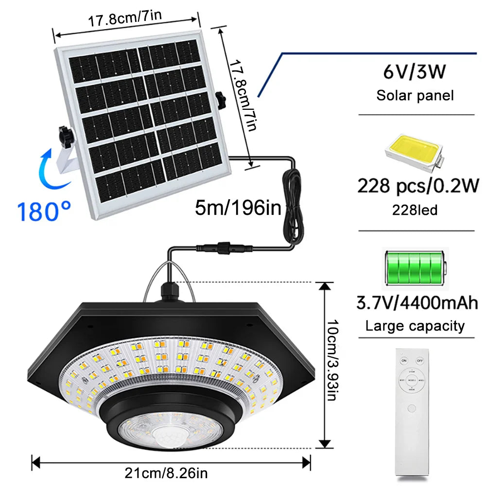 Luvikno | SolarHalo | 228 LED Soltaklampe | 360° Lysvinkel | Med Fjernkontroll & Bevegelsessensor | 4400mAh Batteri