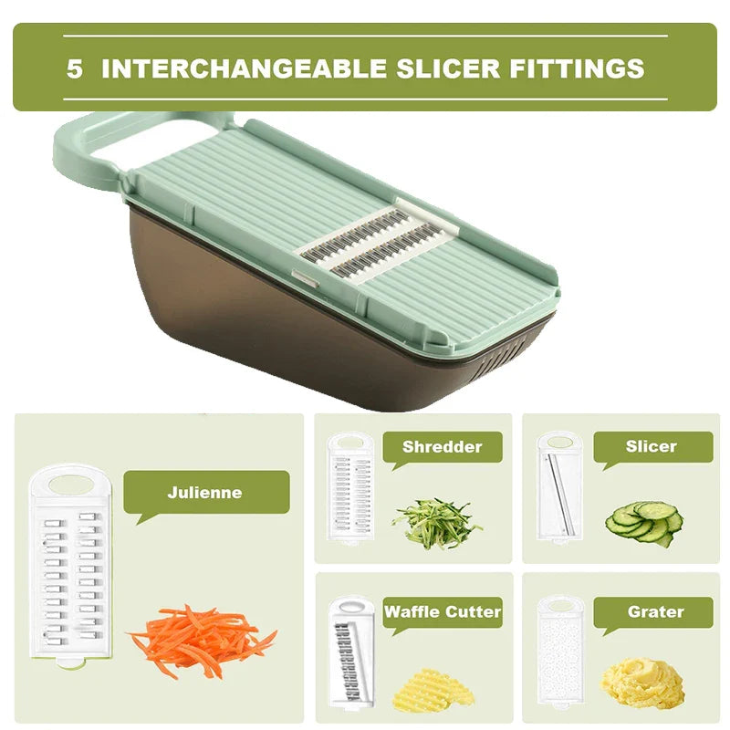 Luvikno | SchnippelMeister Grønnsakskutter 5-i-1 | Multi Kutter med Innsamling Container | Rivjern, Skiver & Hakkere | BPA-fri & Oppvaskmaskin Sikker | 27×11×10 cm