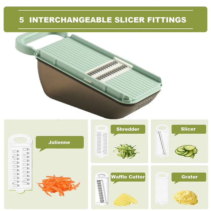 Luvikno | SchnippelMeister Grønnsakskutter 5-i-1 | Multi Kutter med Innsamling Container | Rivjern, Skiver & Hakkere | BPA-fri & Oppvaskmaskin Sikker | 27×11×10 cm