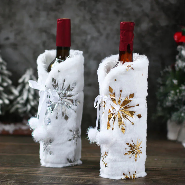 Juleflaskehette med pelskrage – festlig hette for vinflasker, nisse dekorasjon til jul, perfekt som gaveinnpakning | Luvikno