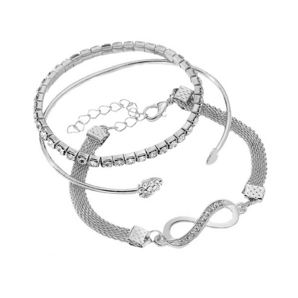 Elegant Rhinestone Heart & Infinite Bracelet Set for Women - 3 Pieces Luvikno