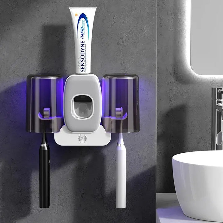 Luvikno | UV Tannbørsteholder PureBrush UV | Sterilisering med UV Lys | Automatisk Tannkremdispenser | Veggmontering Uten Boring