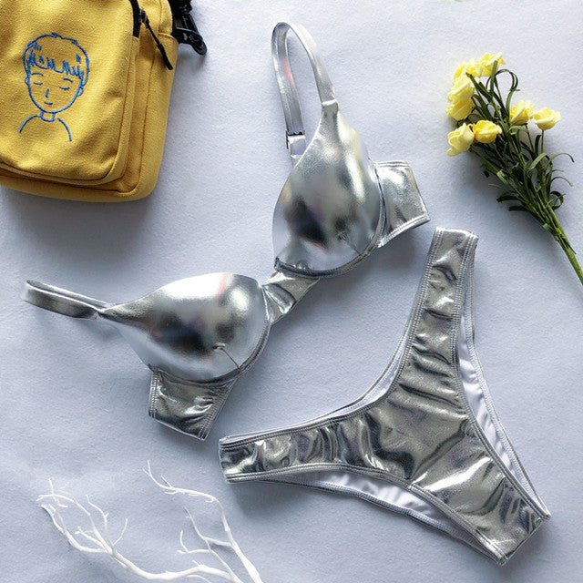 Luvik | Kiiltävä Metallinen Push-Up Bikinit-setti naisille