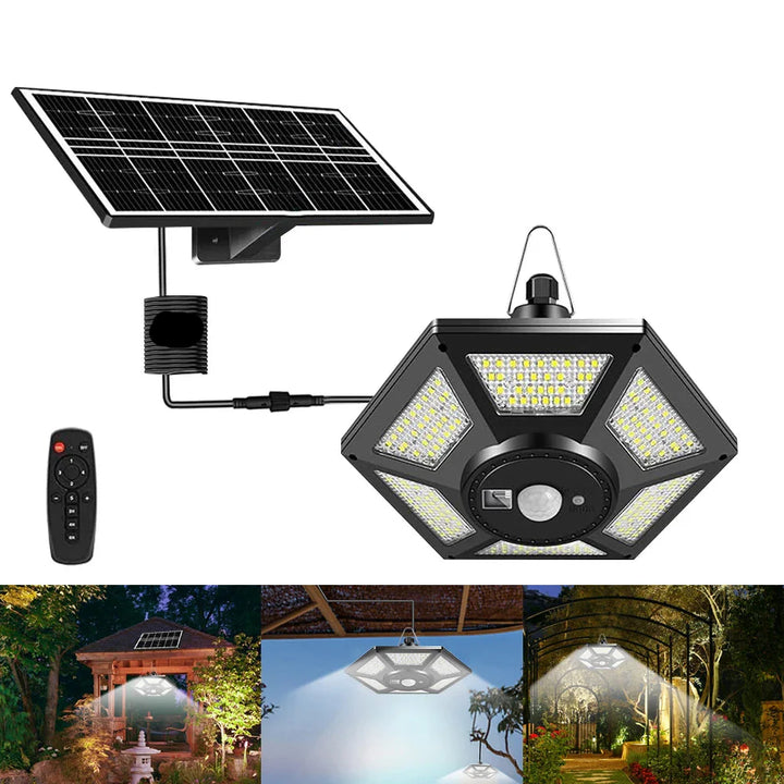 Luvikno | SolarHalo | 228 LED Soltaklampe | 360° Lysvinkel | Med Fjernkontroll & Bevegelsessensor | 4400mAh Batteri