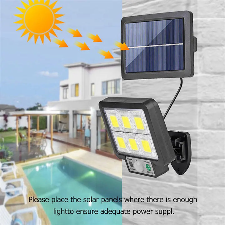 Luvikno | LumoVolt Sollys med bevegelsessensor | 72 COB LED-lamper | Fjernkontroll & 5 m solcellepanelkabel | 3 modi | IP65 værbestandig