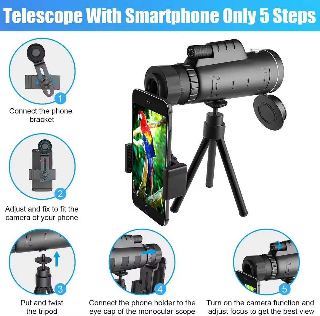 40x60 HD Monocular Telescope med smarttelefonholder og stativ for utendørs og camping Luvikno