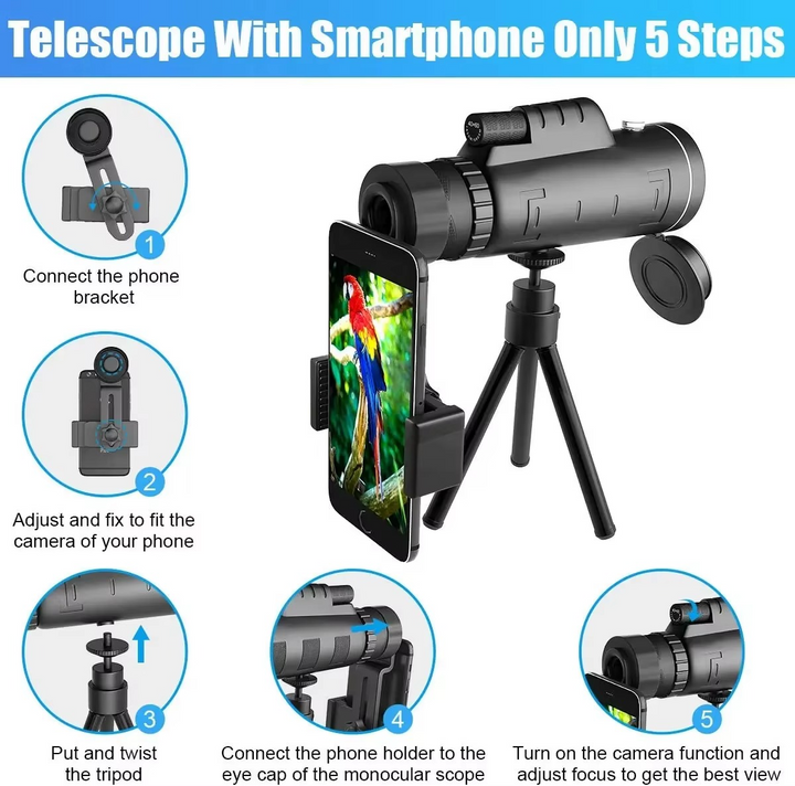 40x60 HD Monocular Telescope med smarttelefonholder og stativ for utendørs og camping Luvikno