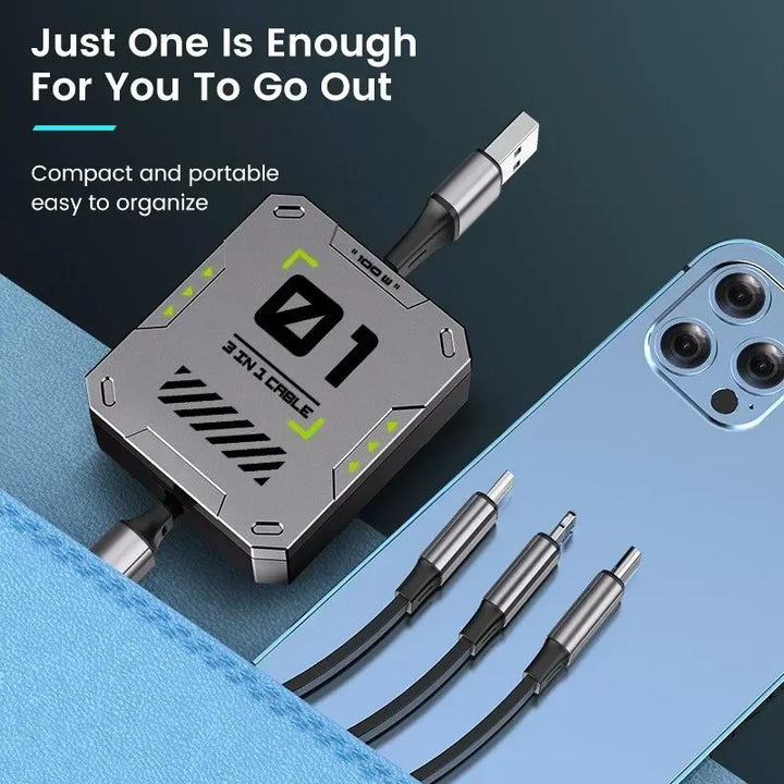 Luvikno | 3-i-1 Laderkabel | Hurtiglading 100W | Utvidbar & Universell | FlexiCharge for iPhone, Android & USB-C